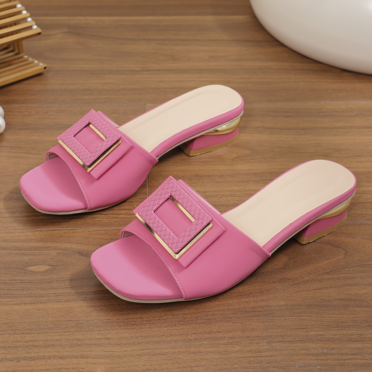 Women's Metallic Buckle Sandals, Slip On Elegant Square Toe Shoes, Chunky Heel Daily Footwear